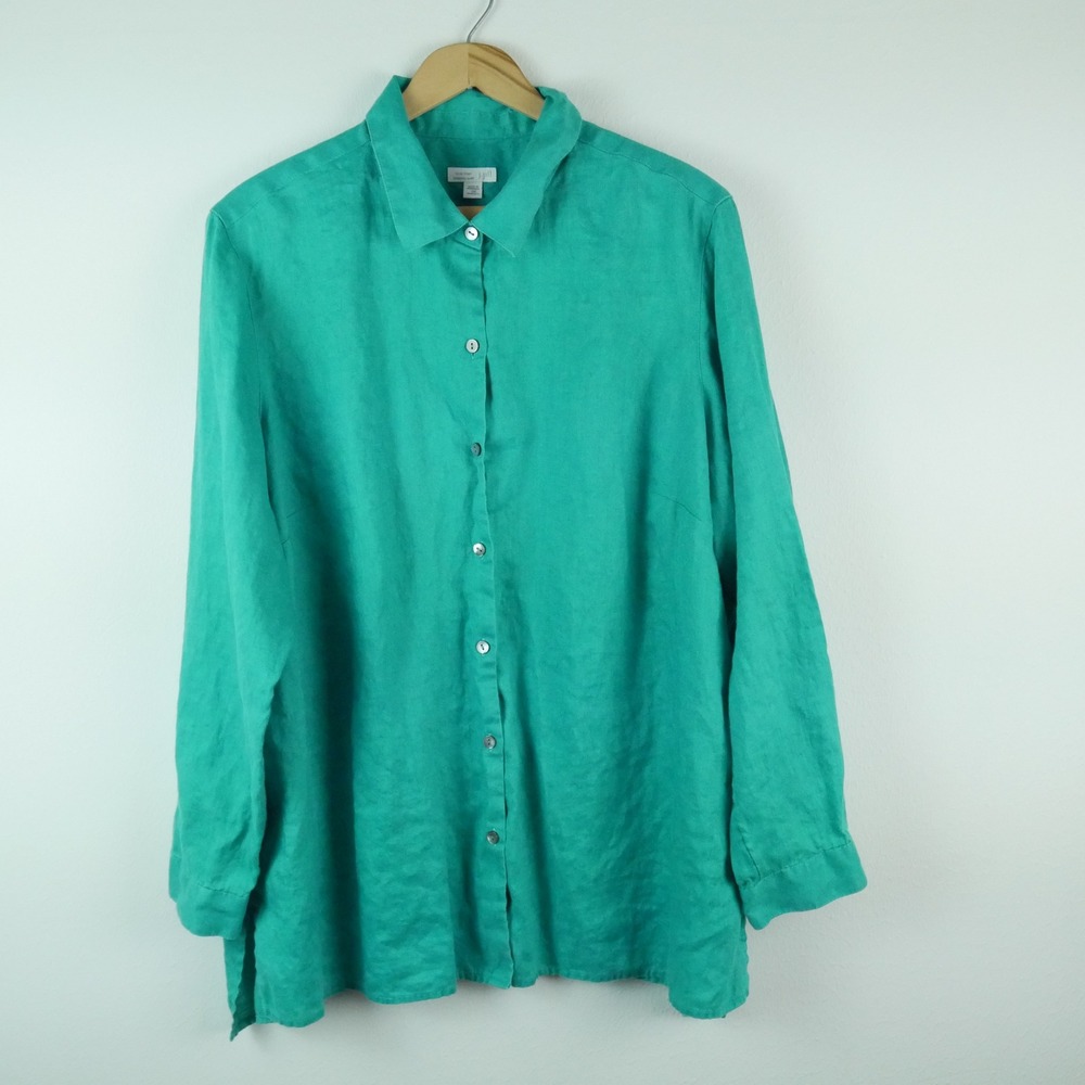 J. Jill Love Linen Essential Shirt Womens 2X Teal Green Button Down Long Sleeve
